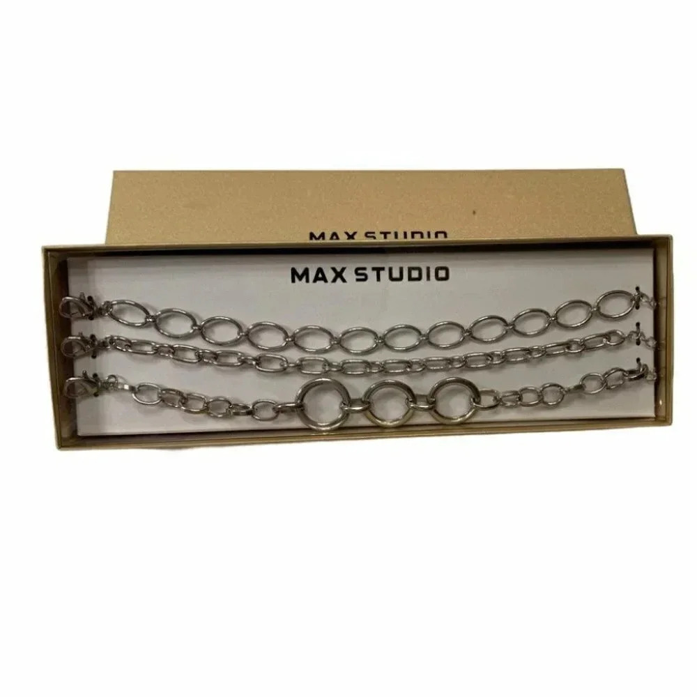 Max Studio Bracelet Set OS‎ Silver Tone 3 Piece Layered Chain Link Boxed NEW